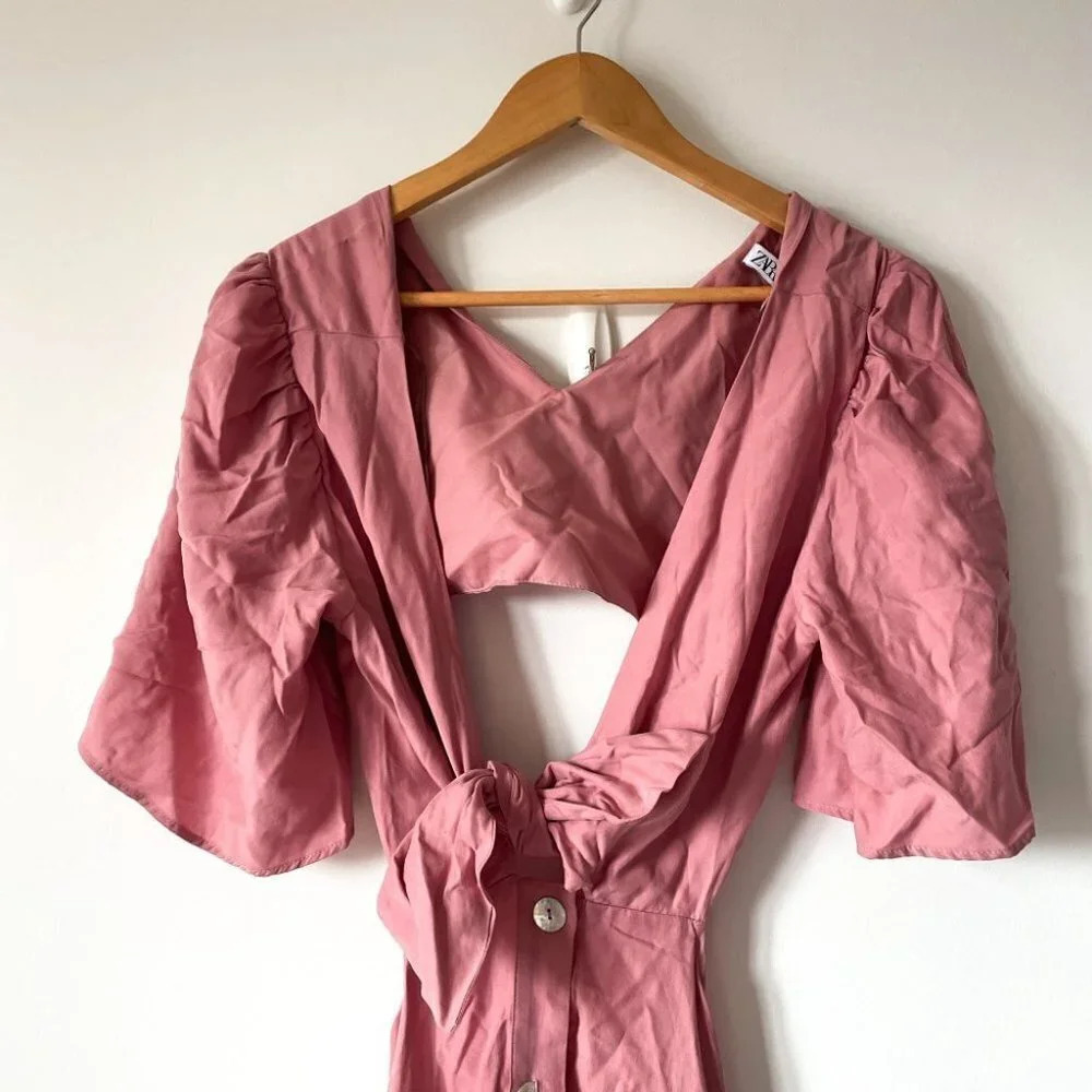 Zara Tie Bow Front Cut  Out Midi Dress Light Pink NWT Size XL - Picture 6 of 10